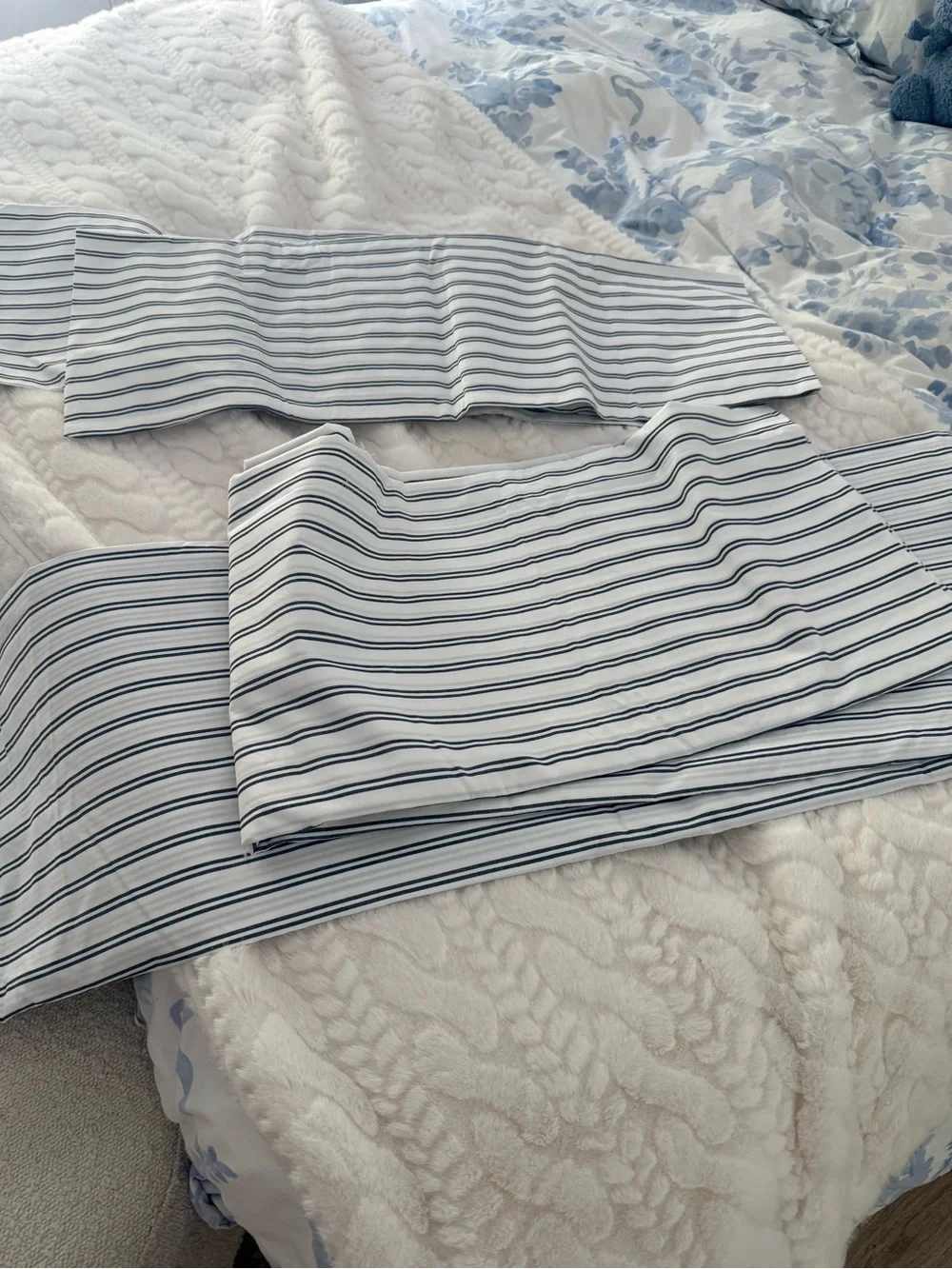 Quince Organic Crisp Percale Double Stripe Duvet Cover Set NAVY and WHITE NWOT